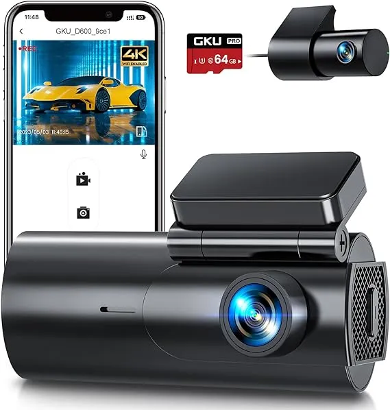 GKU Dash Cam Front and Rear Camera, 4K/2.5K Full Dashcams for Cars with D600 