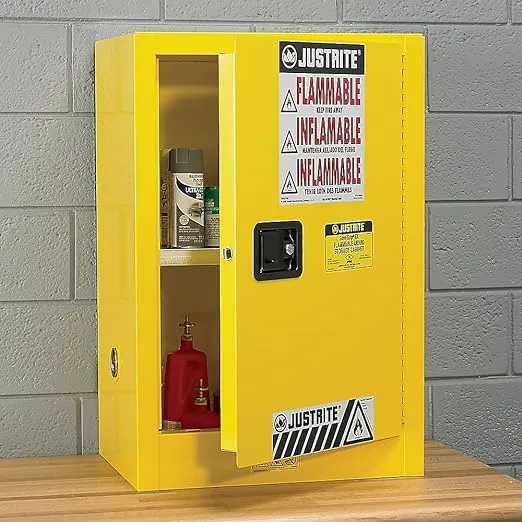 Justrite 4 Gallon Self Close Countertop Flammable Storage Cabinet, 18 Gauge Steel, 1 Shelf, 1 Door Fire Cabinet, 22" x 17" x 17", Made in The USA, Red, 890421