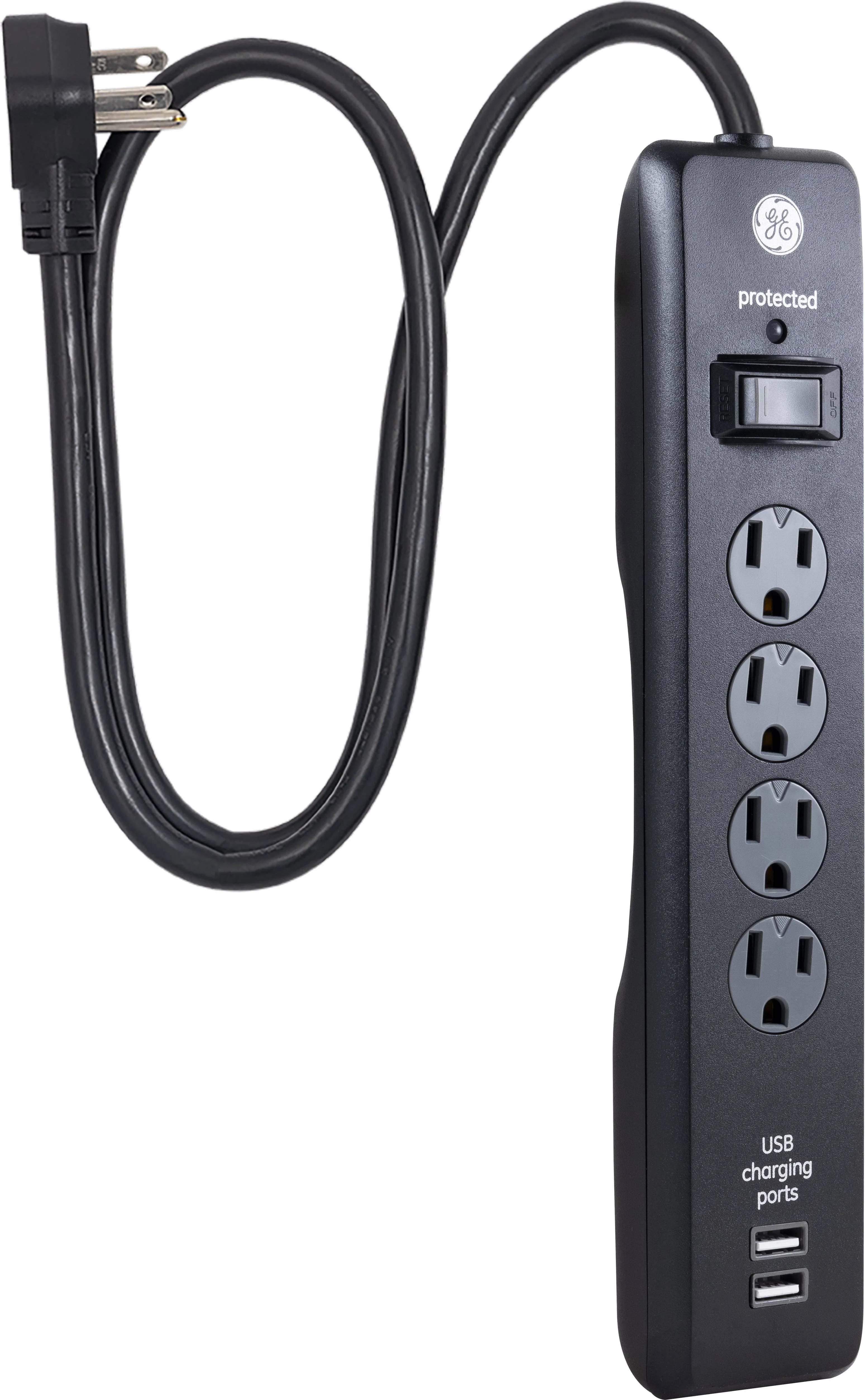 GE 4-Outlet Surge Protector, 2 USB Ports, 3 Ft Power Cord, 800 Joules, Twist to Lock Safety Covers, Automatic Shutdown Technology, Circuit Breaker, Warranty, UL Listed, Black, 33654