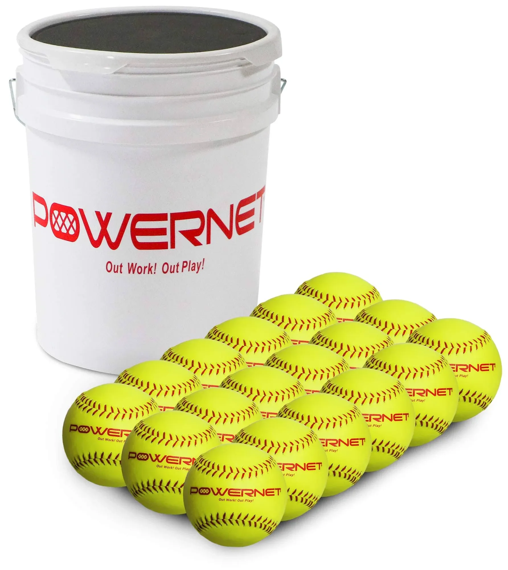 PowerNet Bucket with Cushioned Seat and Training Balls Bundle 18 Softballs + Bucket