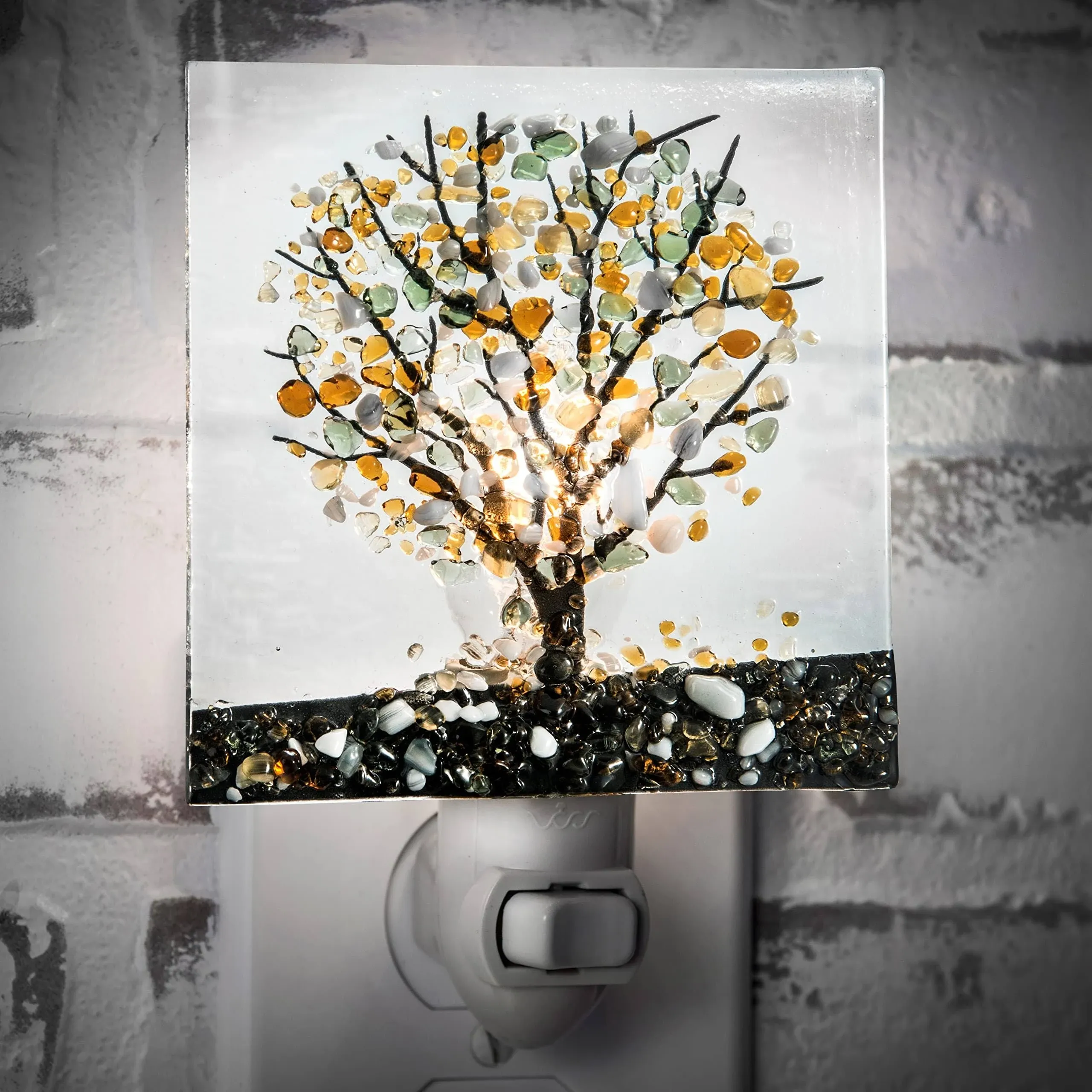 J Devlin Glass Art Stained Glass Night Light, Autumn, Fall Tree, Nature, Cabin, Plug in nightlight for Bedroom/Bathroom/Stairway/Hallway Home Decor NTL 159-1