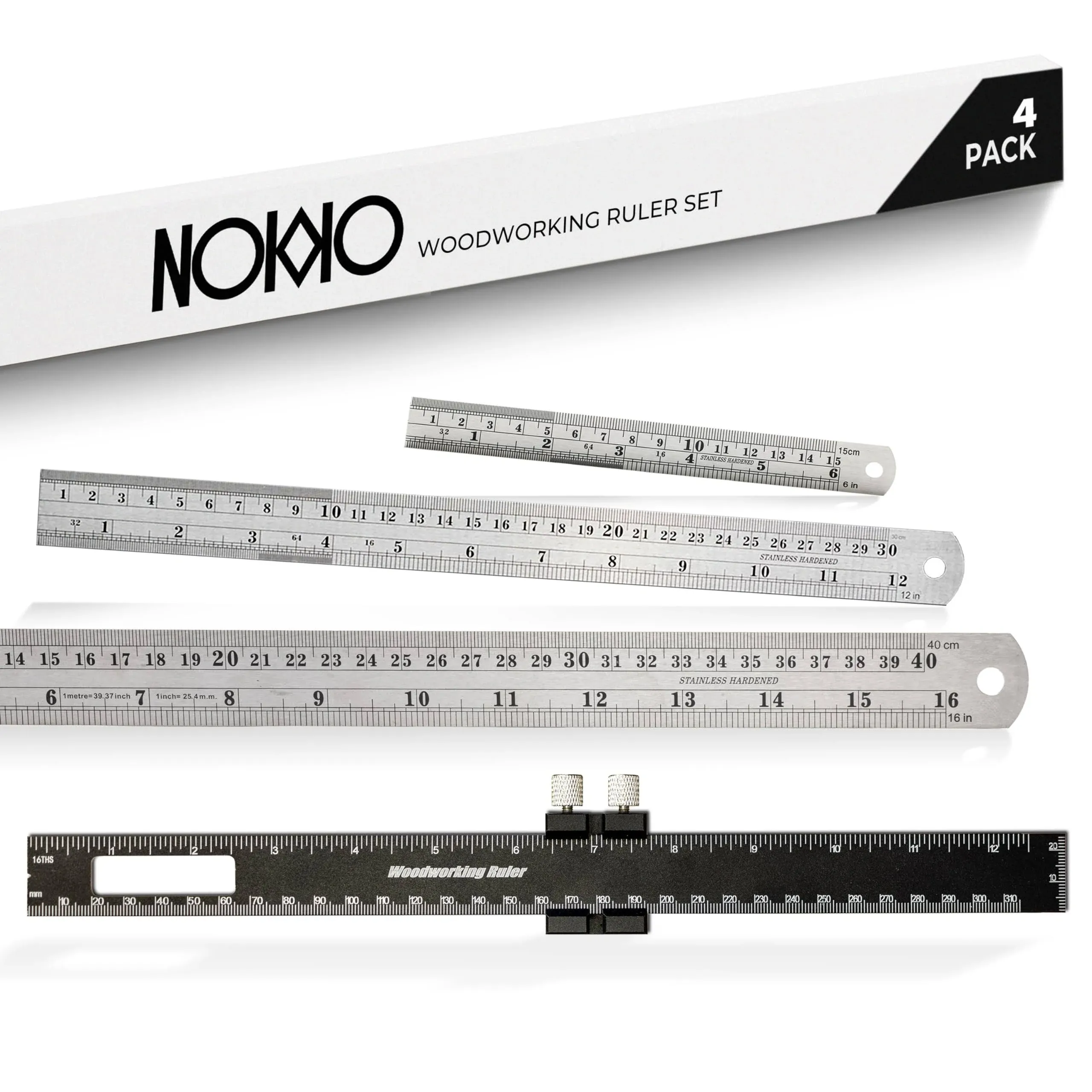 Nokko 4-Piece Woodworking Ruler Set - Woodworking Tools Bundle with 12 Inch Aluminum Slide Rule with Slide Stop, Plus 6", 12" & 16" Stainless Steel Metal Rulers - Etched Inch & Metric Markings