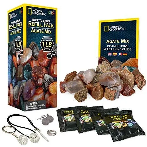 National Geographic Rock Tumbler Refill Kit - 1 Lb. Mix of Genuine Rough Agate Rocks for Tumbling - Rock Tumbler Supplies Include Rock Tumbler Grit and Jewelry Accessories, Raw Agate