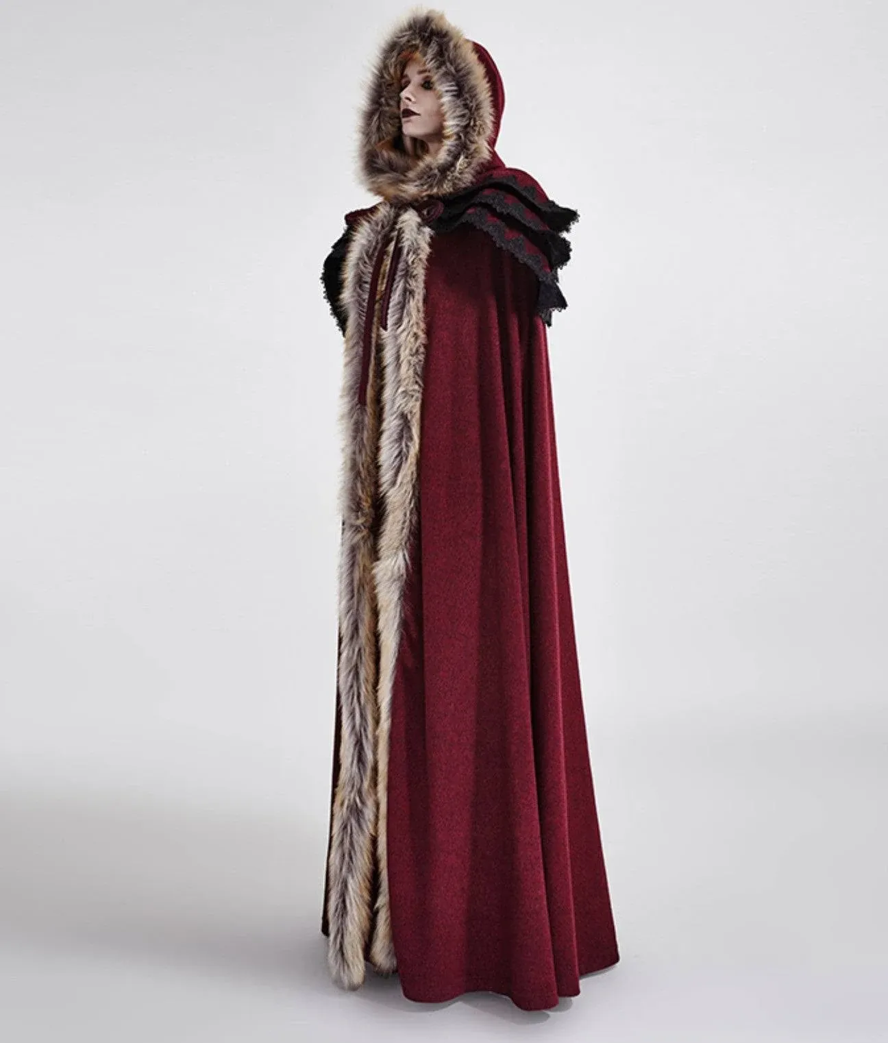 Western Fashion Y673-RED Gothic Wool Collar Long Cloak, Red