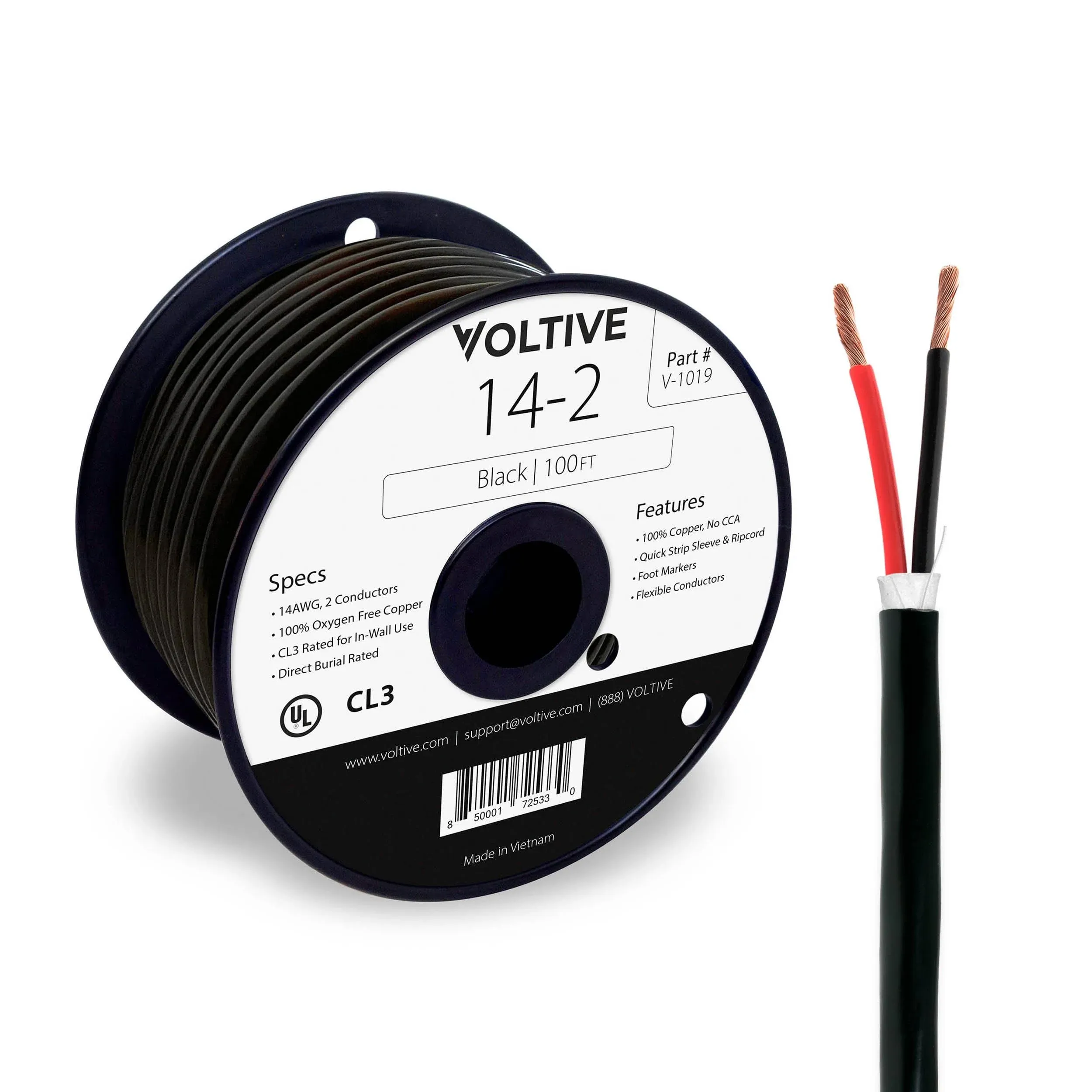 Voltive 14/2 Speaker Wire - CL3 - In-Wall & Direct Burial - OFC - 100ft - Black