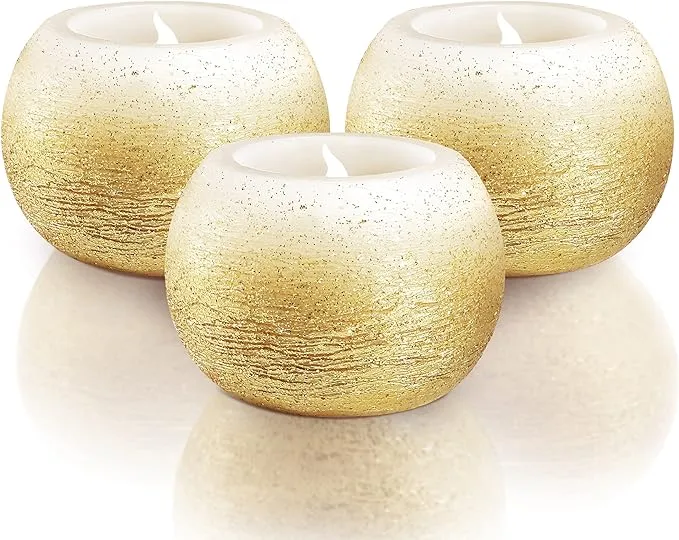 FURORA LIGHTING Gold Glittery Real Wax Flameless Candles Pack of 3, LED Flickering Round Candles Perfect for Wedding Décor, 2.4’’(W) x 1.6’’(H), Battery Included