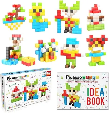 Picasso Cubes Kids Pixel 1” Magnetic Puzzle Cube 102 Piece Mix & Match with FREE Idea Book Sensory Toys STEAM Education Learning Building Block Magnets Construction ToySet Stacking Magnet Creative Kit