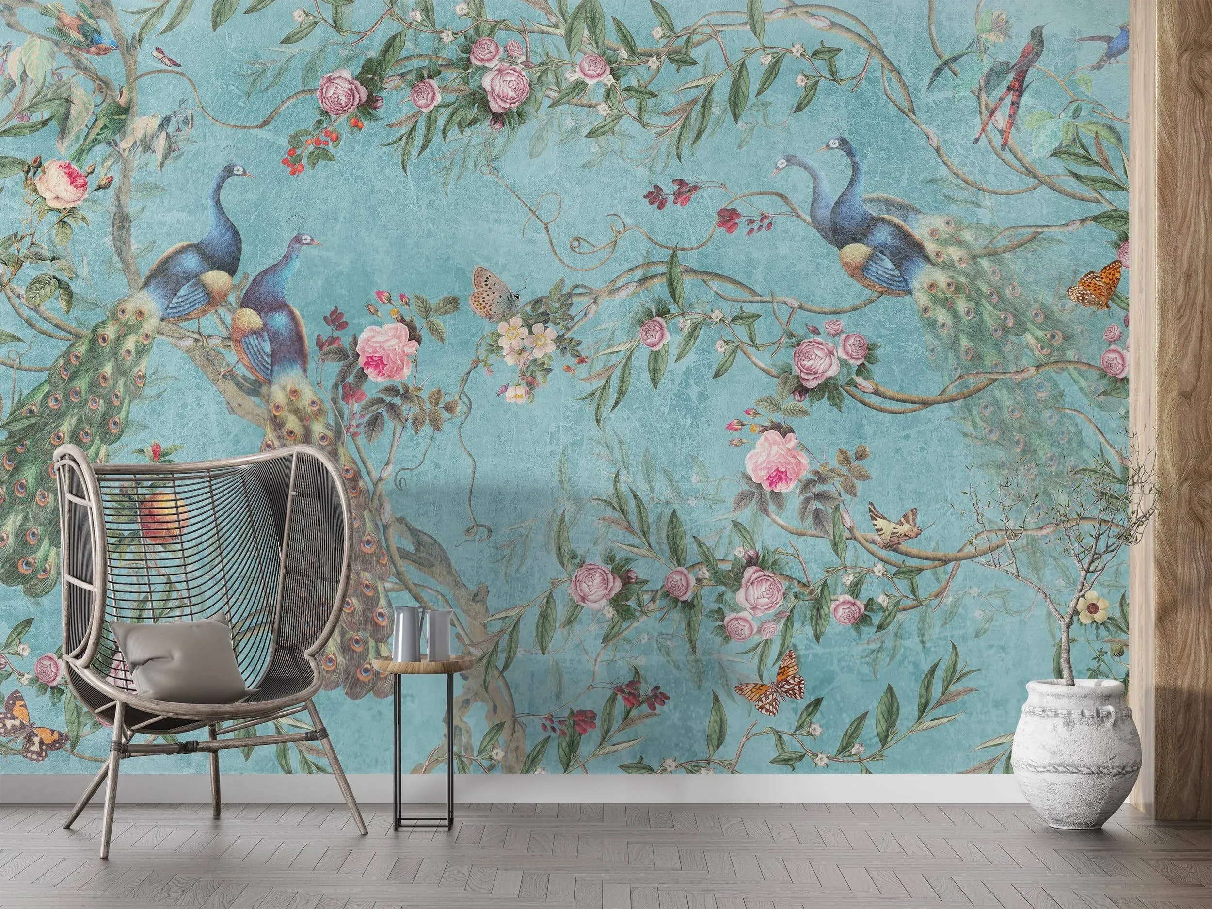 Flowers and Peacock on The Blue Background Floral Chinoiserie Wallpaper - Peel and Stick Wall Mural - 67" H x 102" W