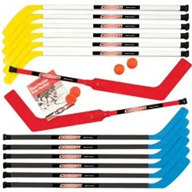 Cosom Junior Hockey Sticks for Floor Hockey and Street Hockey for Kids, Youth Hockey Set, Hockey Equipment for Physical Education, 16 Pieces 12 Plastic Sticks, 2 Pucks, and 2 Balls, 43" Standard Shaft