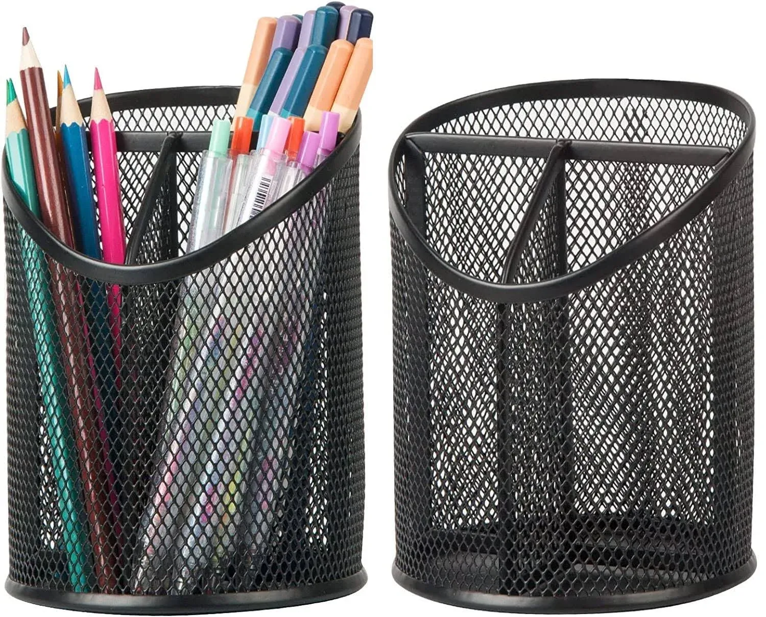 Delifox 2 Pack Pen Holder Pen Organizer for Desk Mesh Round Pencil Holder Desktop Organizer 3 Compartments Pencil Organizer Desk