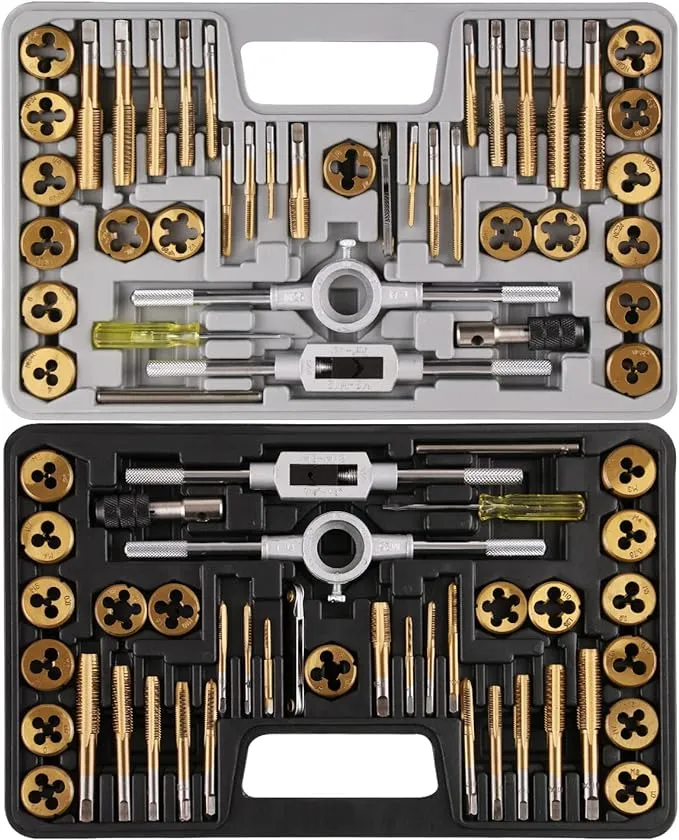 Brass Coated 80pcs SAE & Metric Tap and Die Set, Metric Standard Rethreading Tool Kit, Coarse and Fine Threads for Cutting External and Internal Threads, Essential Repair Tool Kit with Case