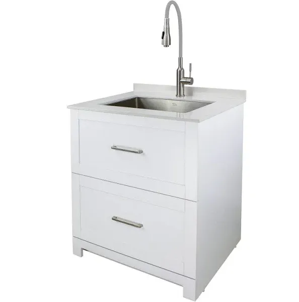 Transolid 29"x25.5" Quartz Laundry Sink and Cabinet with Faucet, Matte White