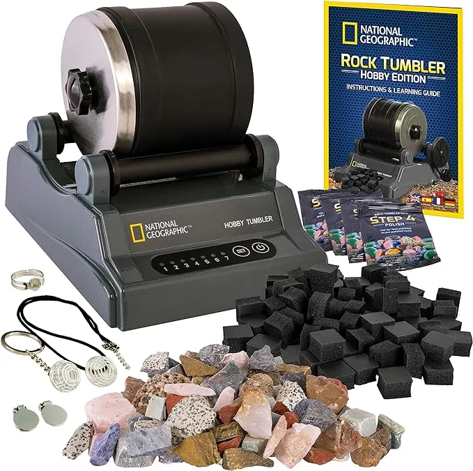 National Geographic Hobby Rock Tumbler Kit - Rock Polisher for Kids & Adults, Noise-Reduced Barrel, Grit, 2.5 Pounds Raw Gemstone & Jasper Mix, Great