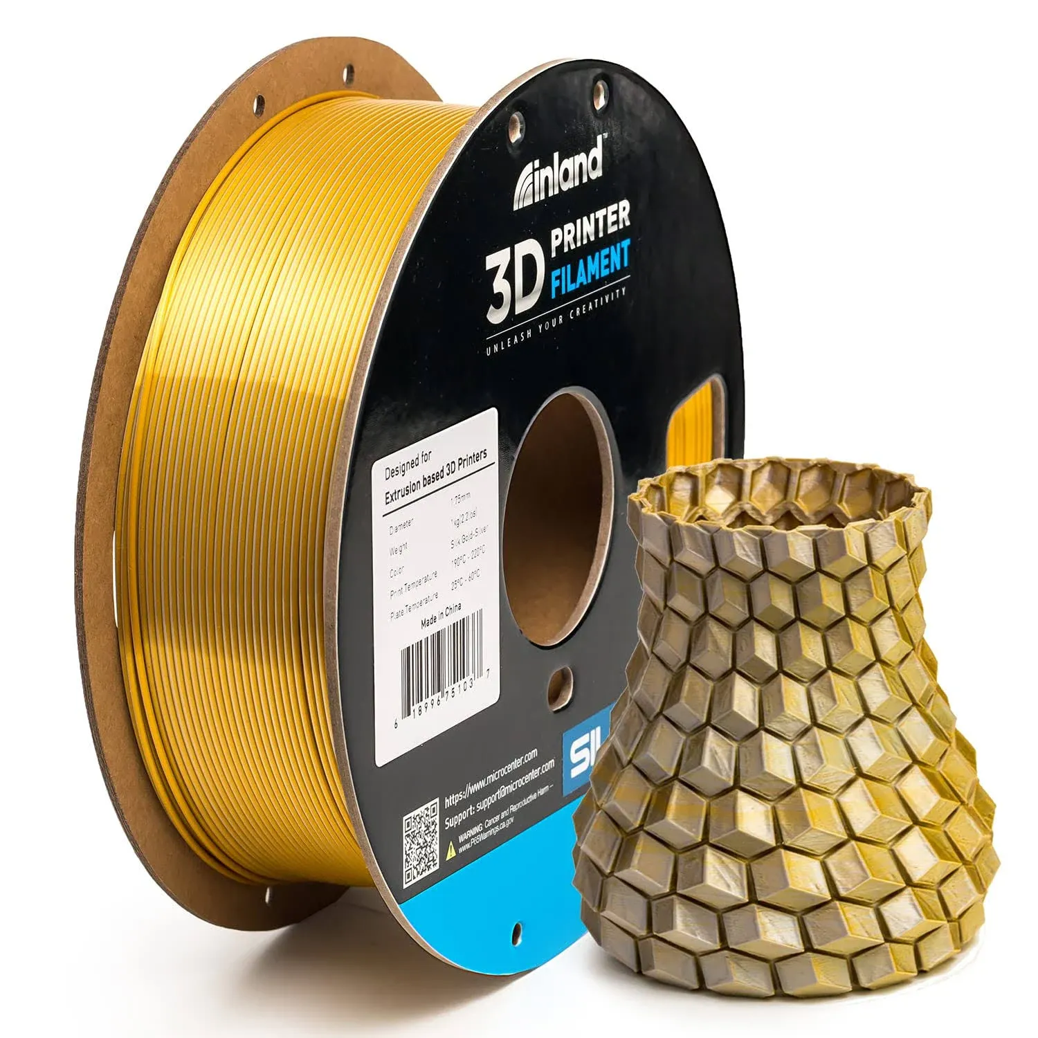 Inland 1.75mm PLA Dual Color Silk 3D Printer Filament 1kg (2.2 lbs) Cardboard Spool - Gold-Silver