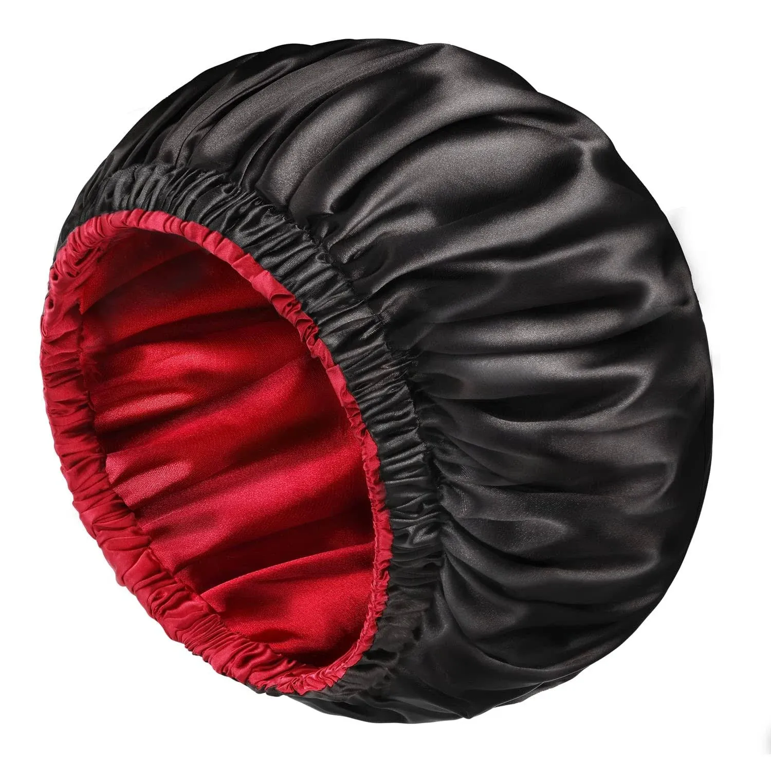 mikimini Satin Bonnet for Men and Women, Reversible Double Layer Sleeping Bonnet for Hair Braids with Anti-Slip Adjustable Elastic Band Super Soft (XL, Black/Red)