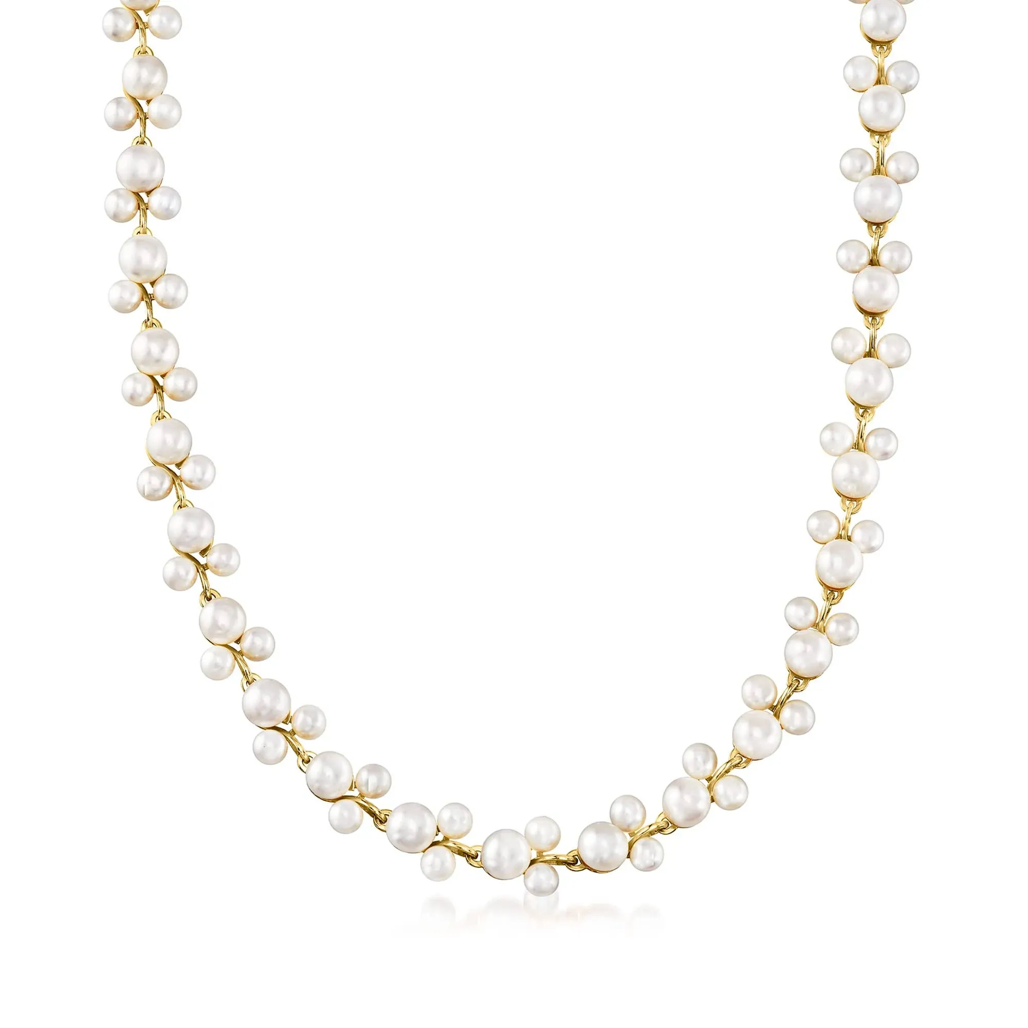 Ross-Simons 5-7.5mm Cultured Pearl Trio Vine Necklace in 18kt Gold Over Sterling