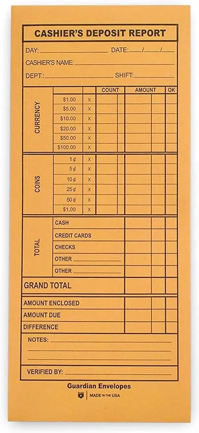 Guardian Cashier Deposit Report Envelopes with Gummed Flaps, Pack of 100 Cash Drop Envelopes – Cash Register for Small Businesses – Cashier Register for Retailers & Restaurants – Brown Kraft Envelopes