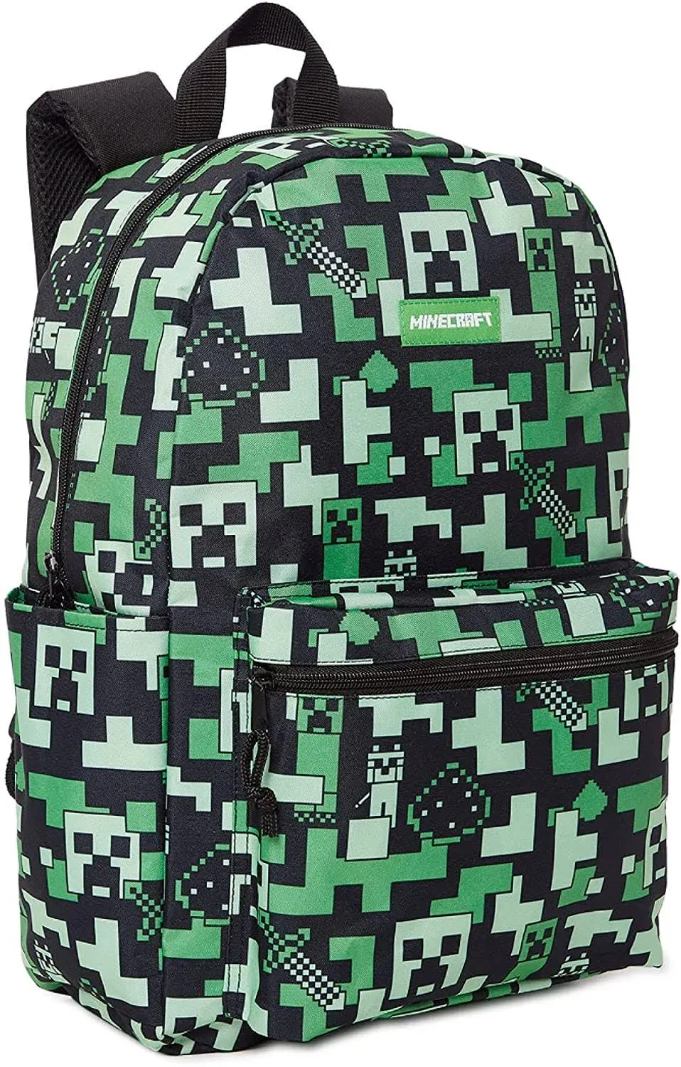 Minecraft Kids Teen School Backpack 16” Creeper Print Black Rucksack w/ Zipper