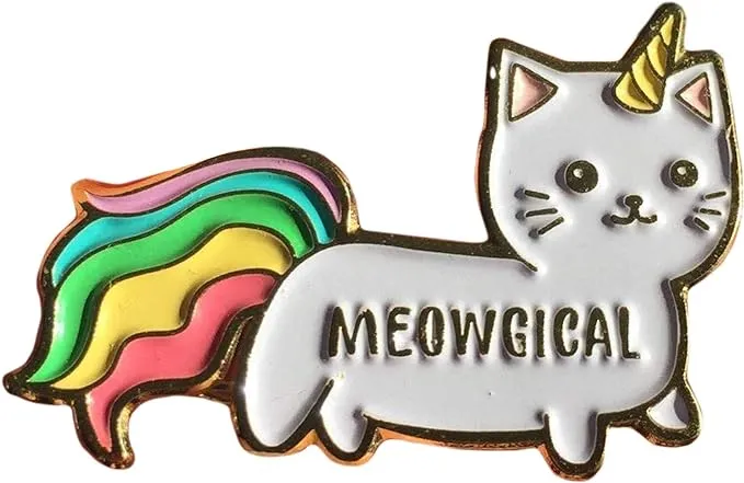 Stickeroonie Cute Rainbow Meowgical Caticorn Lapel Pin, Colorful Magical Cat Unicorn Gold Plated Decorative Pin, 1.4”