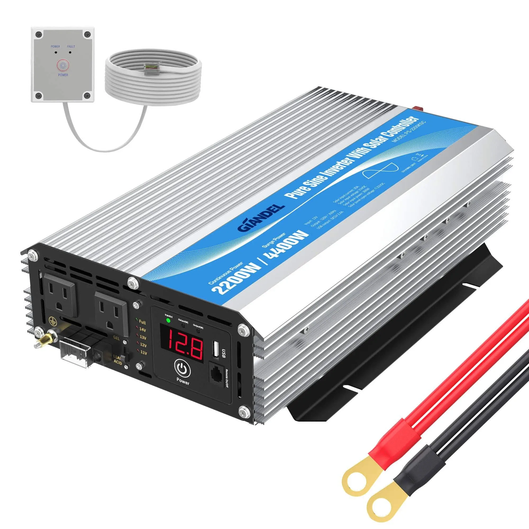 2200W Pure Sine Wave Power Inverter 12V DC to 110V 120V AC with 20A Solar Charge