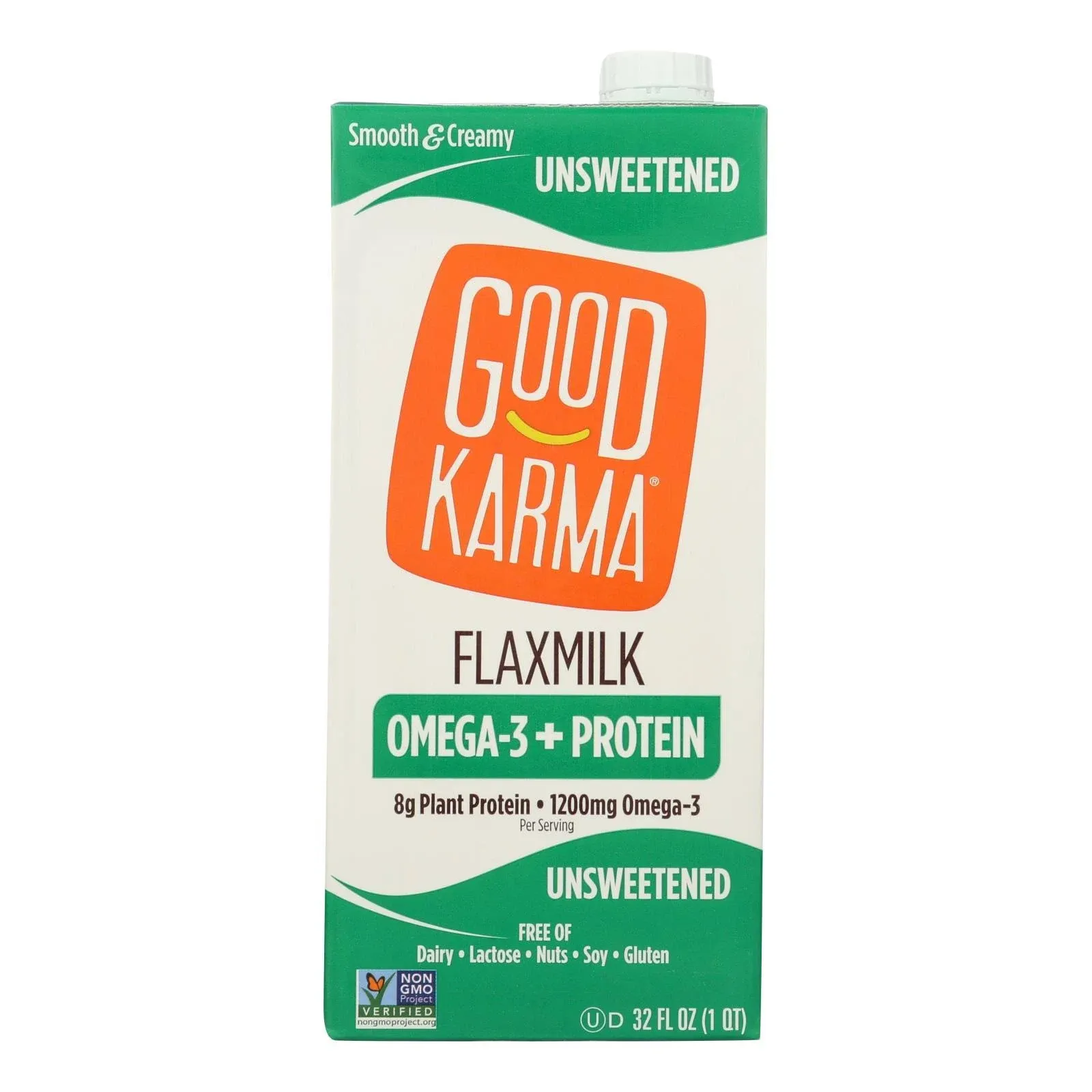 Good Karma Unsweetened Flaxmilk +Protein, 32 Ounce (Pack of 6), 5g Plant Protein + 1200mg Omega-3 Per Serving, Plant-Based Non-Dairy Milk Alternative, Lactose Free, Nut Free, Vegan, Shelf Stable