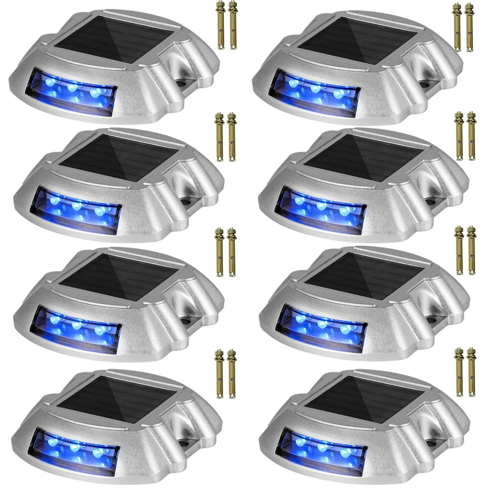 Happybuy Driveway Lights 8-Pack Solar Driveway Lights Bright Blue Solar Deck Lights Outdoor Waterproof Wireless Dock Lights 6 LEDs for Deck Dock Driveway Path Warning Garden Walkway Sidewalk Steps