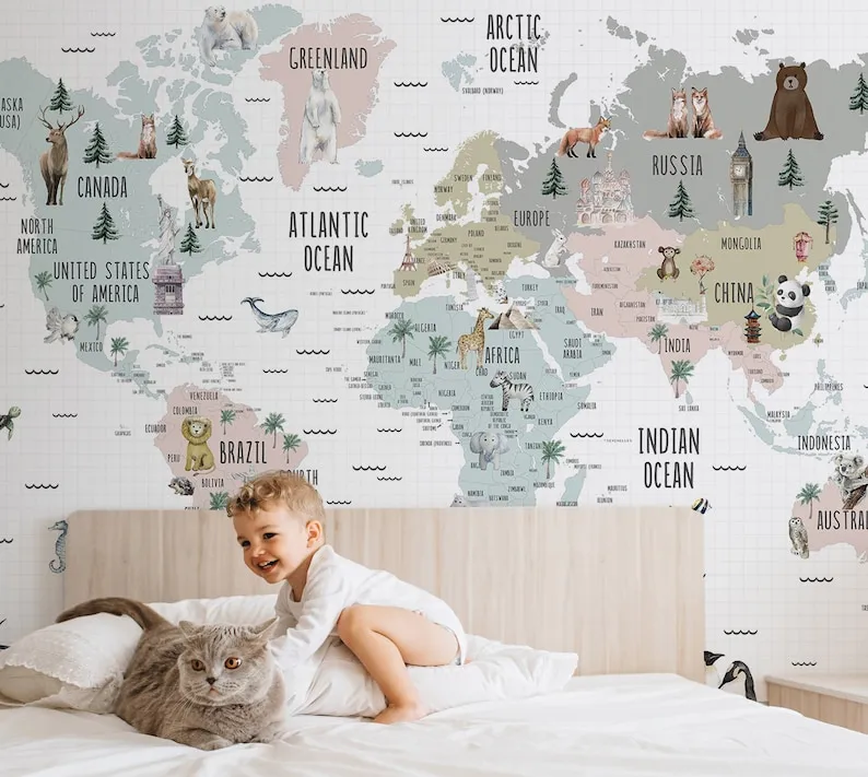 Maps International - Giant World Map Mural - Mega-Map Of The World Wallpaper - 91 x 62 - Neutral Colors