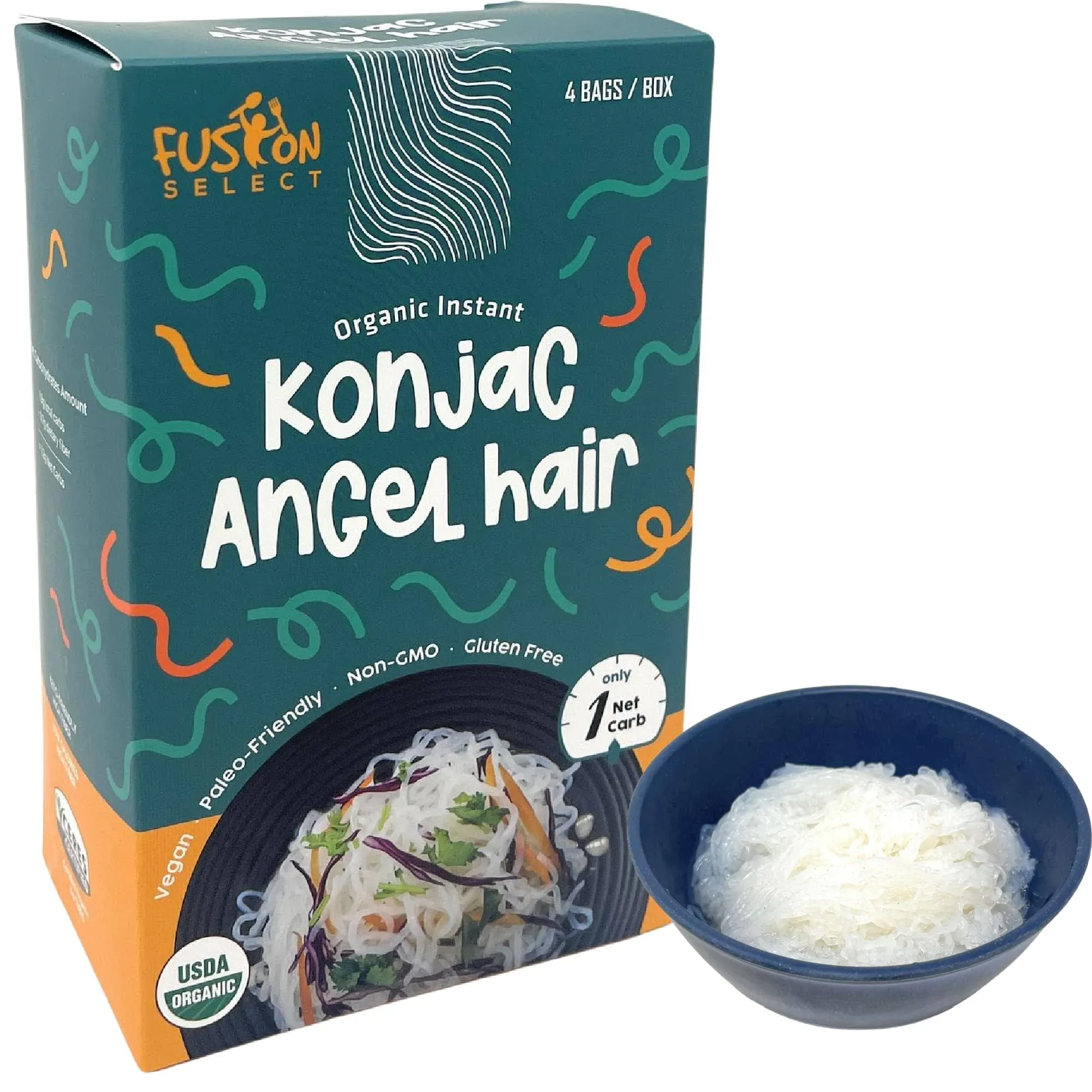 Fusion Select Organic Konjac Noodles - Shirataki Rice, Angel Hair, Spaghetti, Knots, Spaghetti - Healthy Diet Pasta - Rich in Fiber - Vegan, Keto, Pal