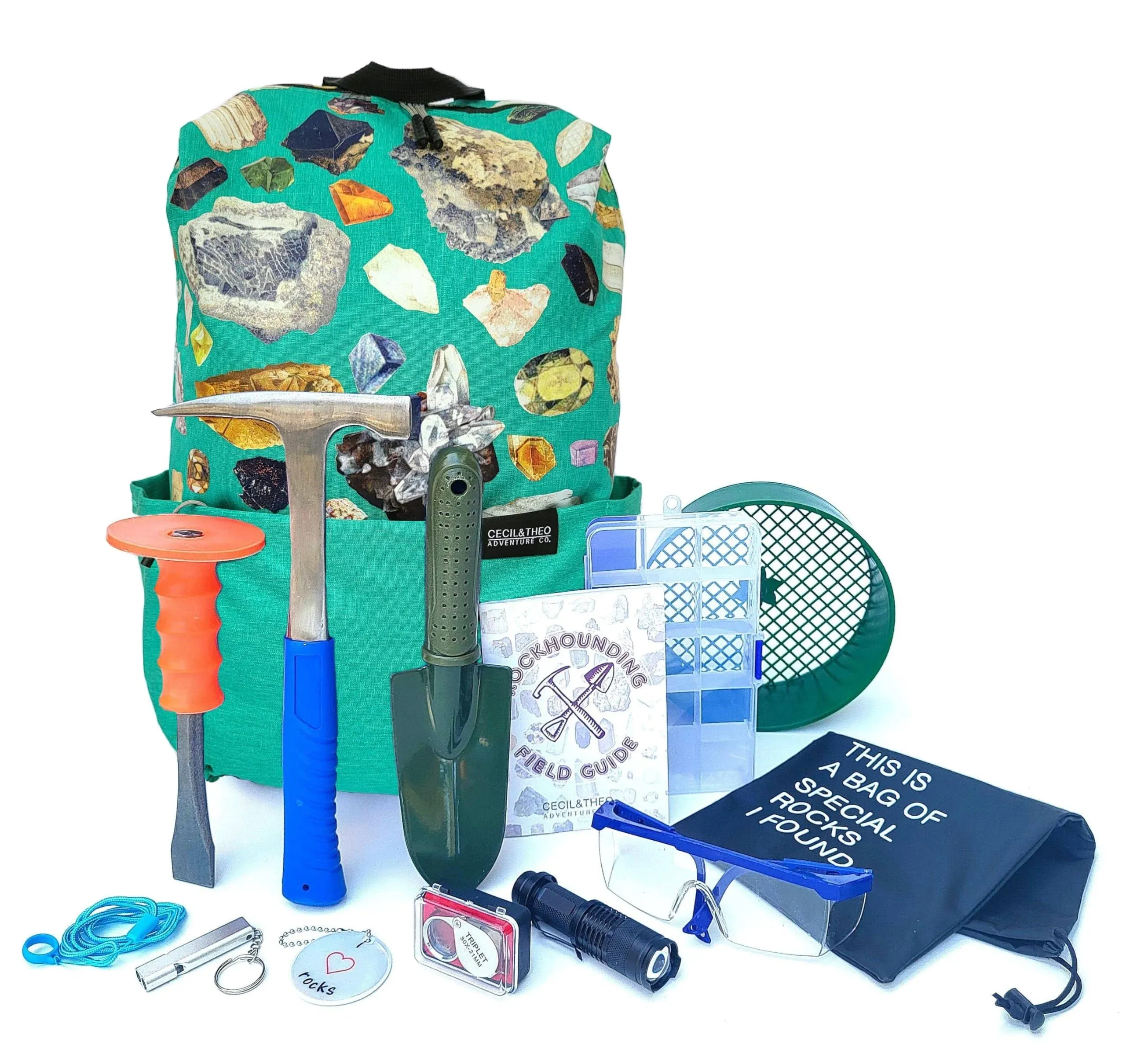 Cecil & Theo Adventure Co. Rockhounding Tool Kit with Rock Pick Hammer - Includes 32 Page Field Guide, Backpack, Chisel & Pick Set - Geology Gifts for Kids & Adults - 5 lbs