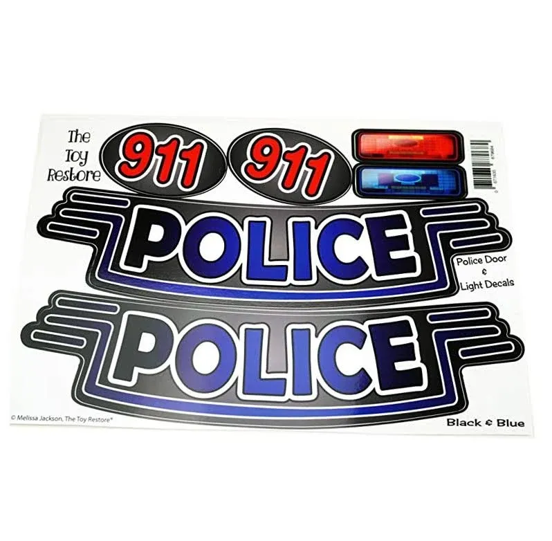 The Toy Restore Black & Blue Police Cop Car Door 911 Light Replacement Stickers ...