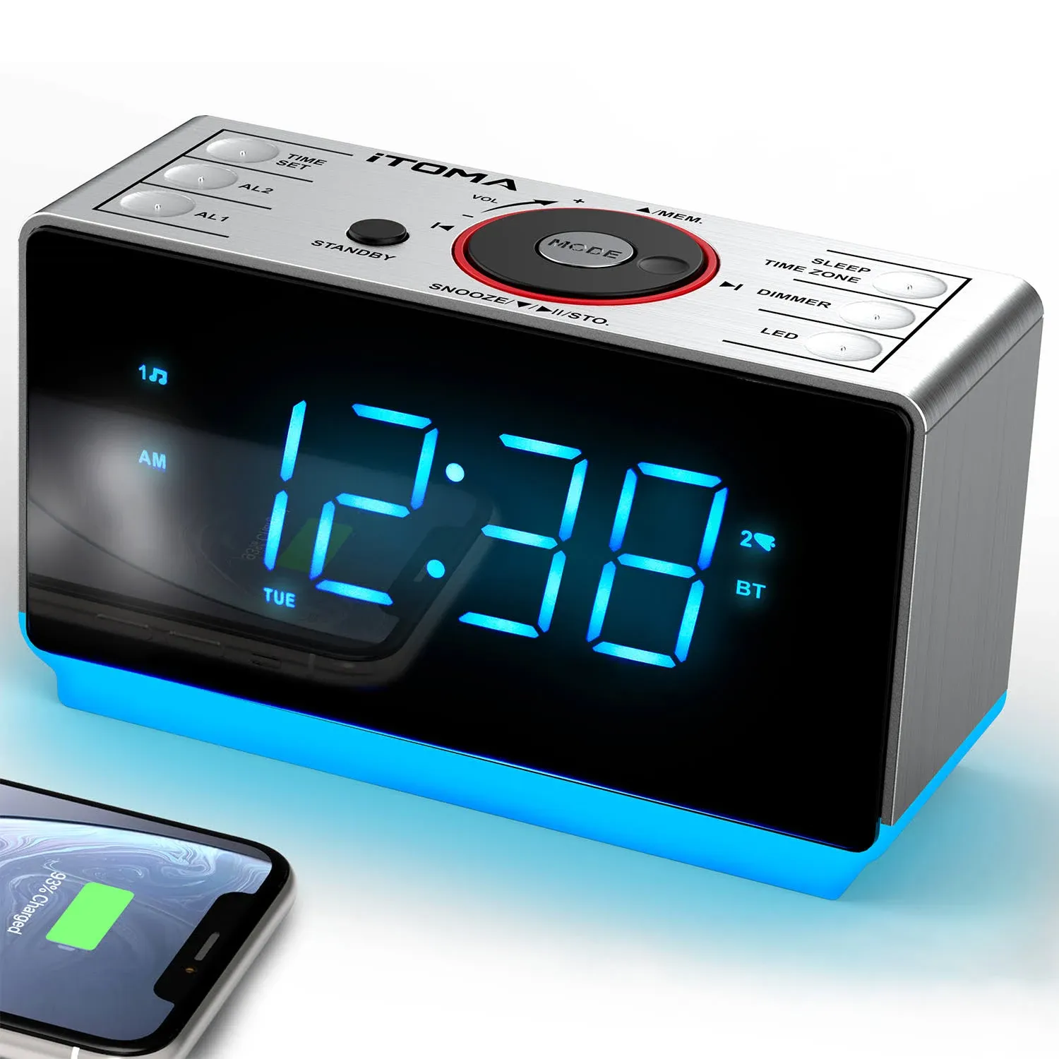 iTOMA Alarm Clock Radio, 1.4" White LED Display Clock with Bluetooth, FM Radio, Dual Alarm, Sleep Timer, Snooze, Auto & Manual Dimmer, USB Charger and Night Light CKS718