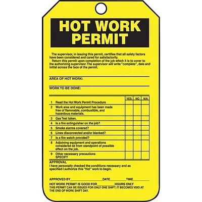 Accuform Safety Tag, HOT WORK PERMIT, 5 3/4" x 3 1/4", PF-Cardstock, 25/Pack (TCS361CTP)