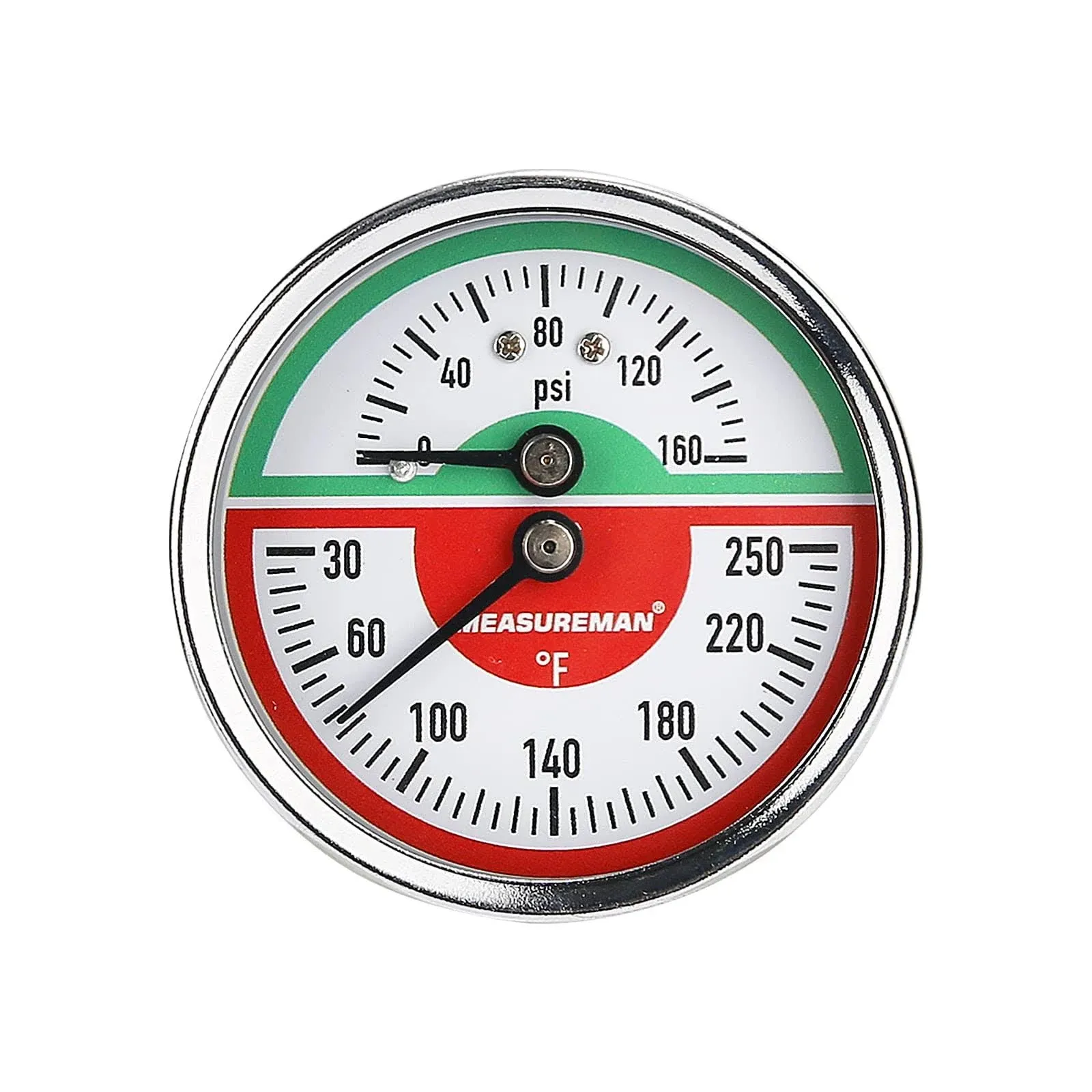 MEASUREMAN Tridicator, Thermo-manometer Pressure Gauge, 2-1/2", 0-160psi/30-250 Deg F, Stainless Steel Case, 1/4"NPT Back Mount MA149