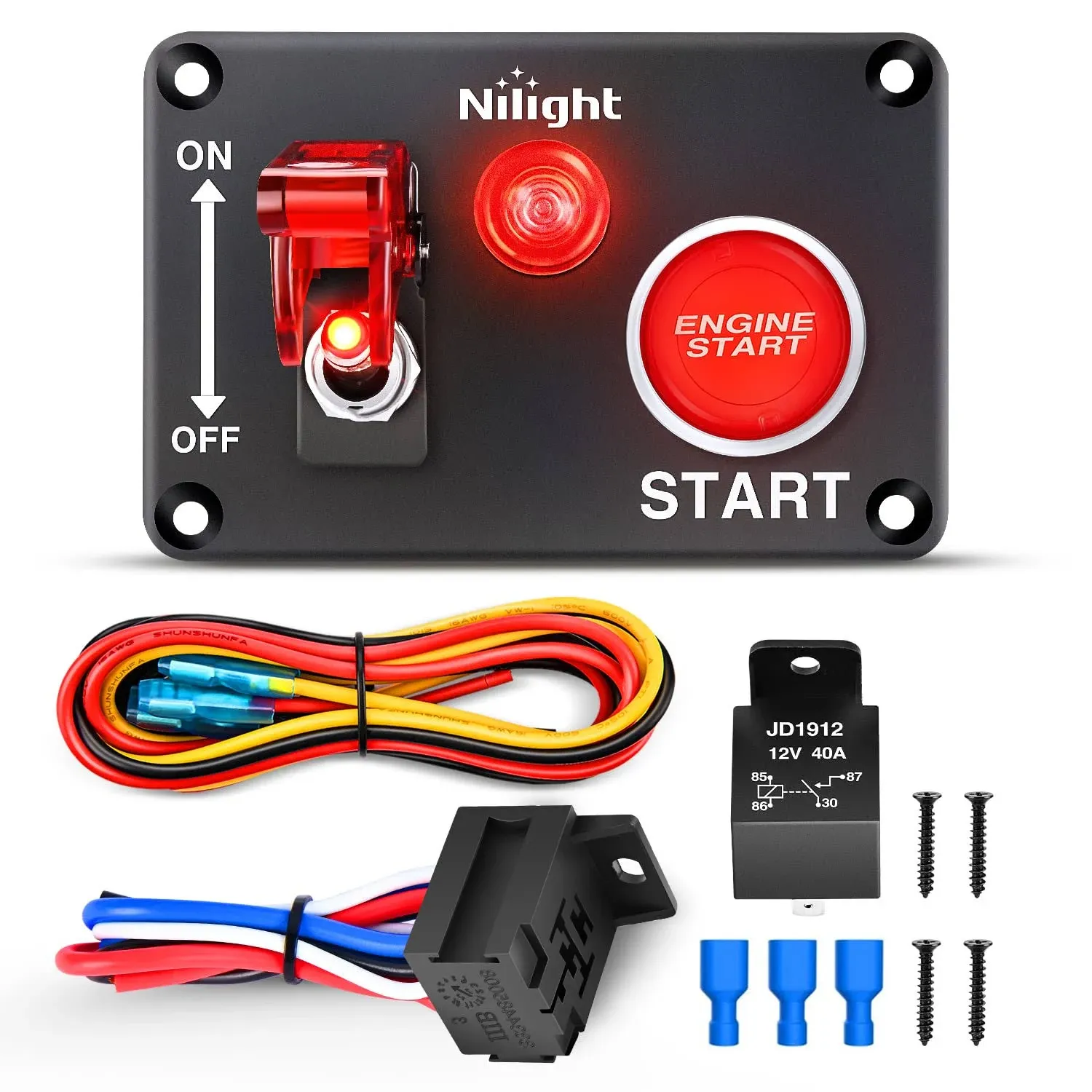 Nilight Ignition Switch Panel 12V 2 in 1 Rocker Switch with Engine Push Button