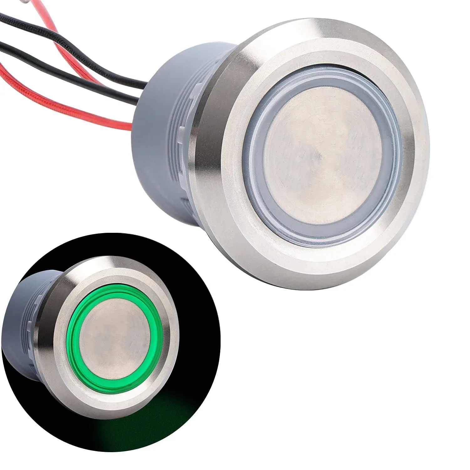 30mm IP68 Latching Push Button Switch 1.18&#39;&#39; Install Size Stainless Steel Head 2NO pre-Wired Green Led Round Button