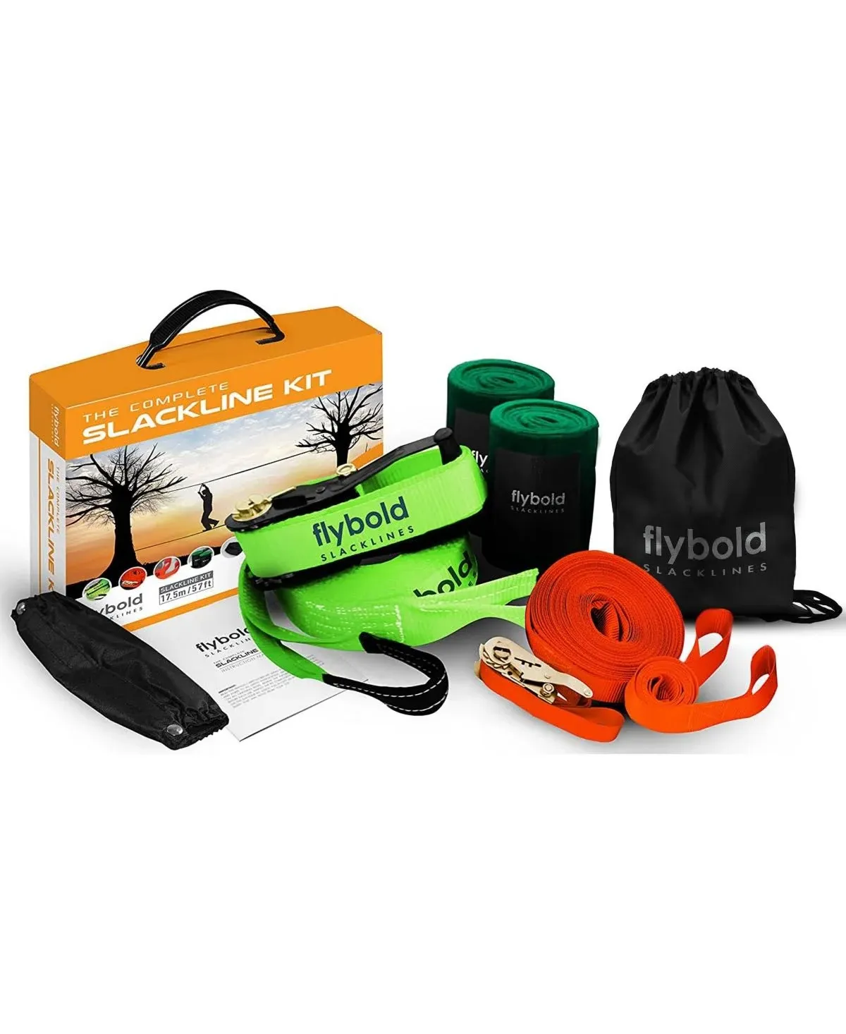 Flybold Slackline Kit with Training Line Tree Protectors Ratchet Protectors Arm