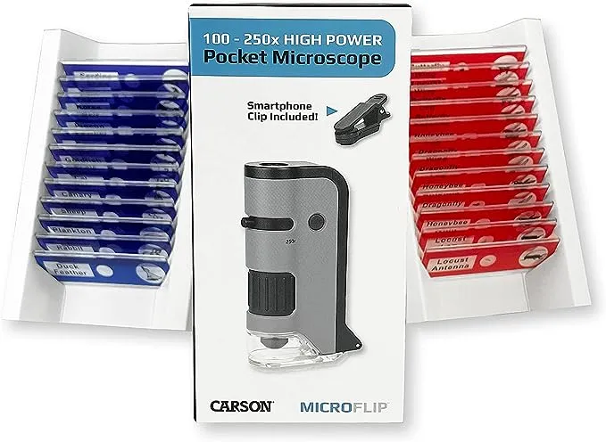 Carson MicroFlip 100x-250x LED and UV Lighted Pocket Microscope with Flip Down Slide Base and Smartphone Digiscoping Clip (MP-250)