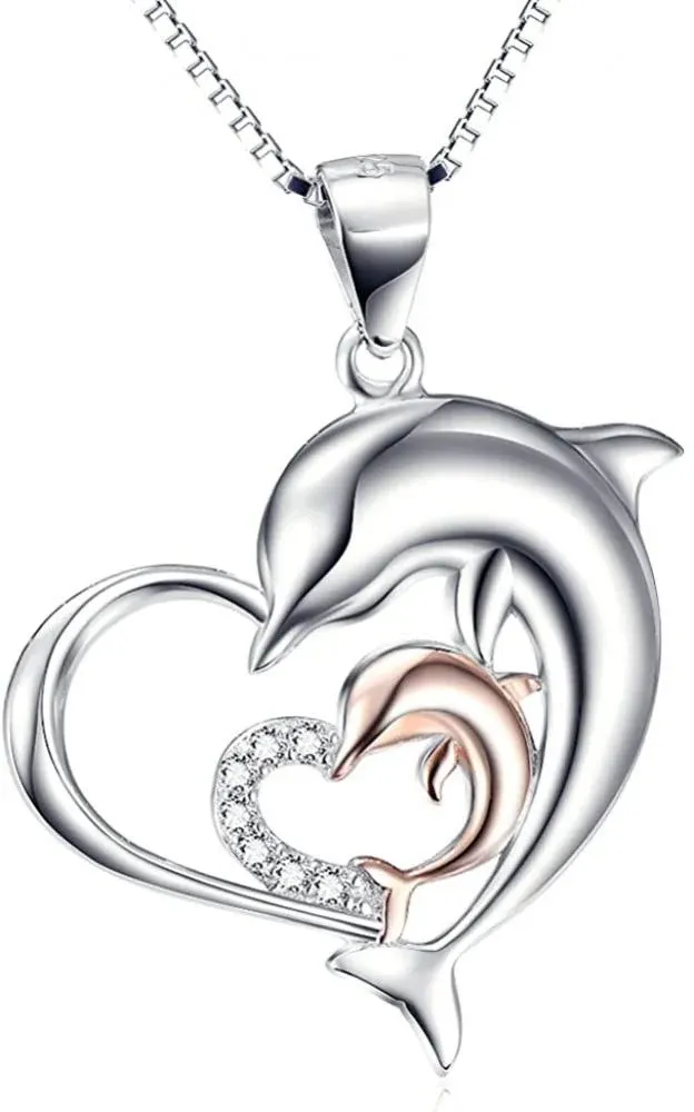 Rose Gold Baby Dolphin Family Heart Necklace Diamond Pendant Island Dolphin Beach Jewelry Tropical Chain Birthday Gift 925 Sterling Silver 18in.