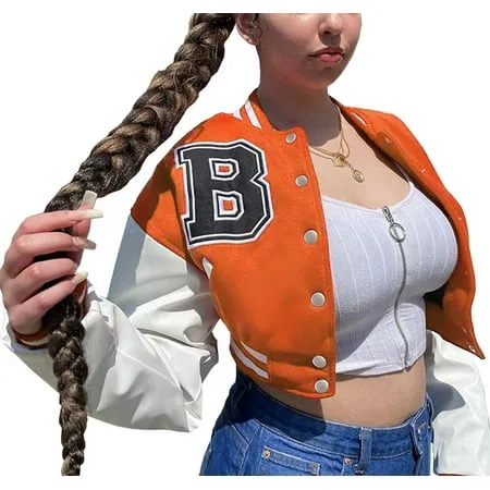 Kiapeise Women Varsity Jacket Long Sleeve Cropped Baseball Jacket Bomber Coats