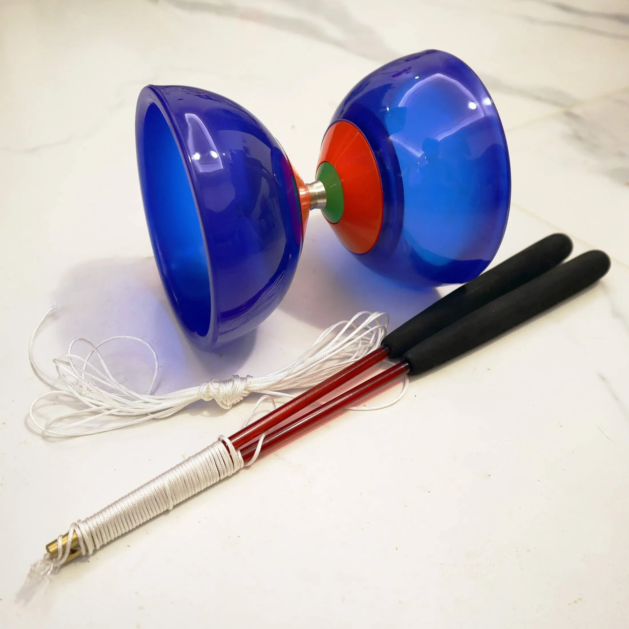 Five Bearings Chinese Yoyo 5” Diabolo Toy with Fiberglass Diablo Sticks & String with Drawstring Bag (Translucent Blue)