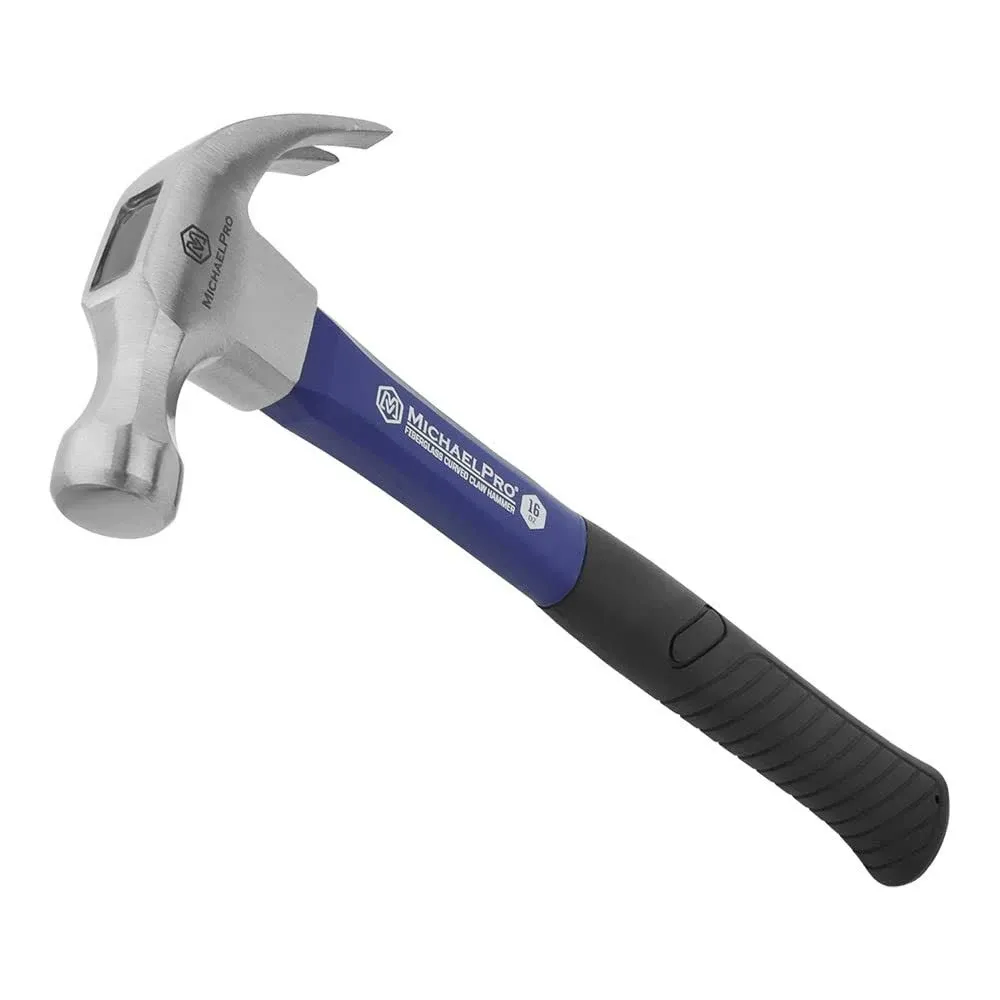 MichaelPro 16oz Curved Claw Hammer | Fiberglass Handle, High Carbon Steel Head