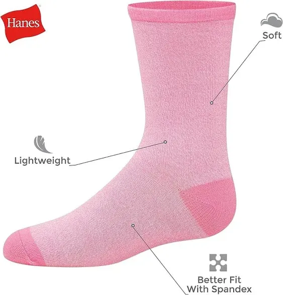 Hanes Girls' Ultimate Fashion Crew Socks Pack, Lightweight Stretch Crew Socks, Assorted 10-Pair Pack, Small