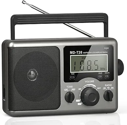 Portable AM FM Shortwave Radio,Battery Operated Radio by 4D Cell Batteries or AC Power Transistor Radio with LCD Display,Time Setting,3.5mm Earphone Jack,Big Speaker,High/Low Tone for Home,Gift