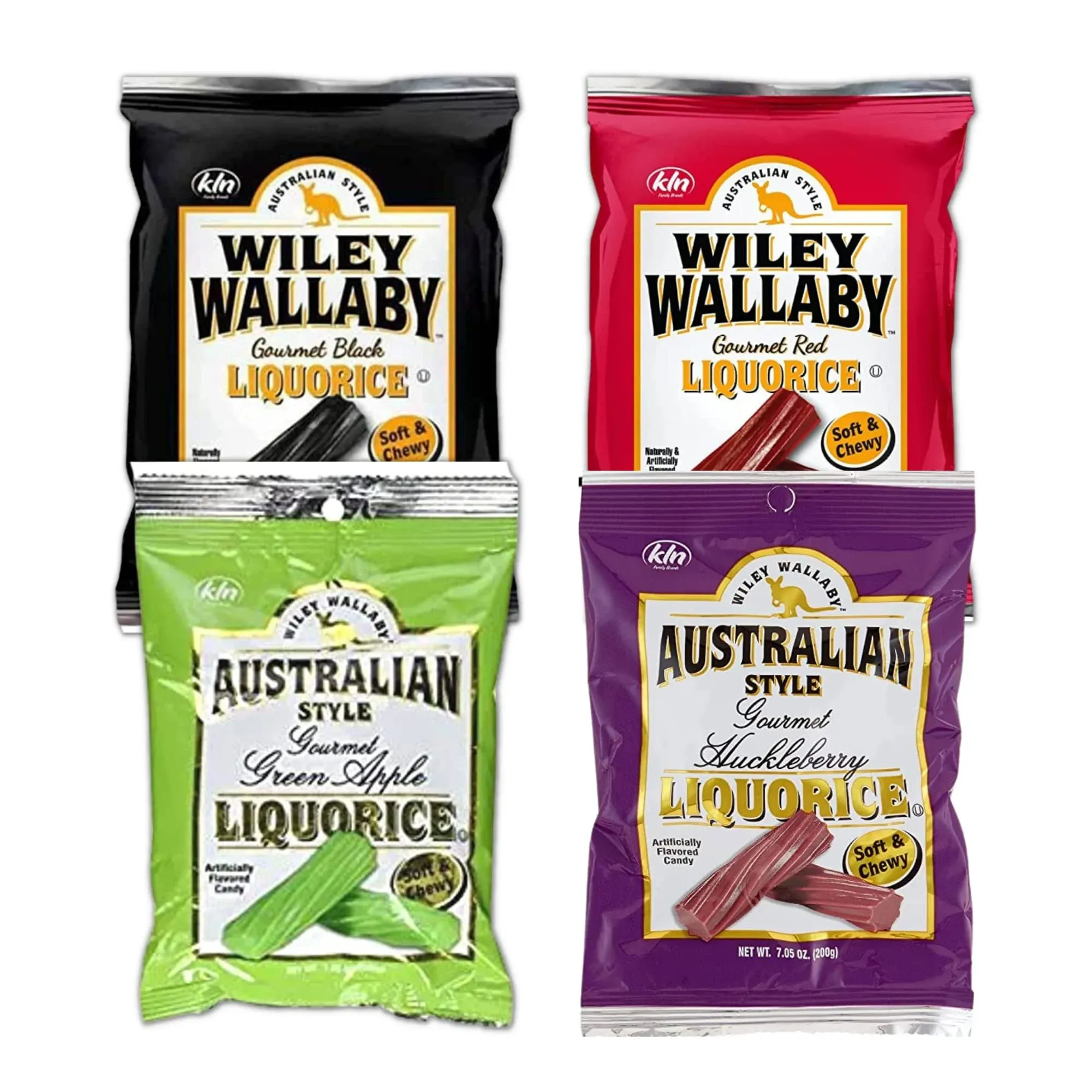 Licorice Candy Variety Pack Includes 4-7.05 Oz Bags of Wiley Wallaby Licorice. 1 of Each: Red Strawberry, Green Apple, Huckleberry Licorice & Black Licorice Candy Comes With a BELLATAVO Fridge Magnet!Licorice Candy Variety Pack Includes 4-7.05 Oz Bags of