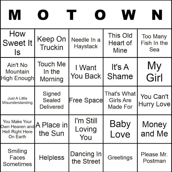 Bangin' Meats CardTunz 100 Music Bingo Cards Printed and Laminated Many Music Types Available (Motown) Motown Motown Motown