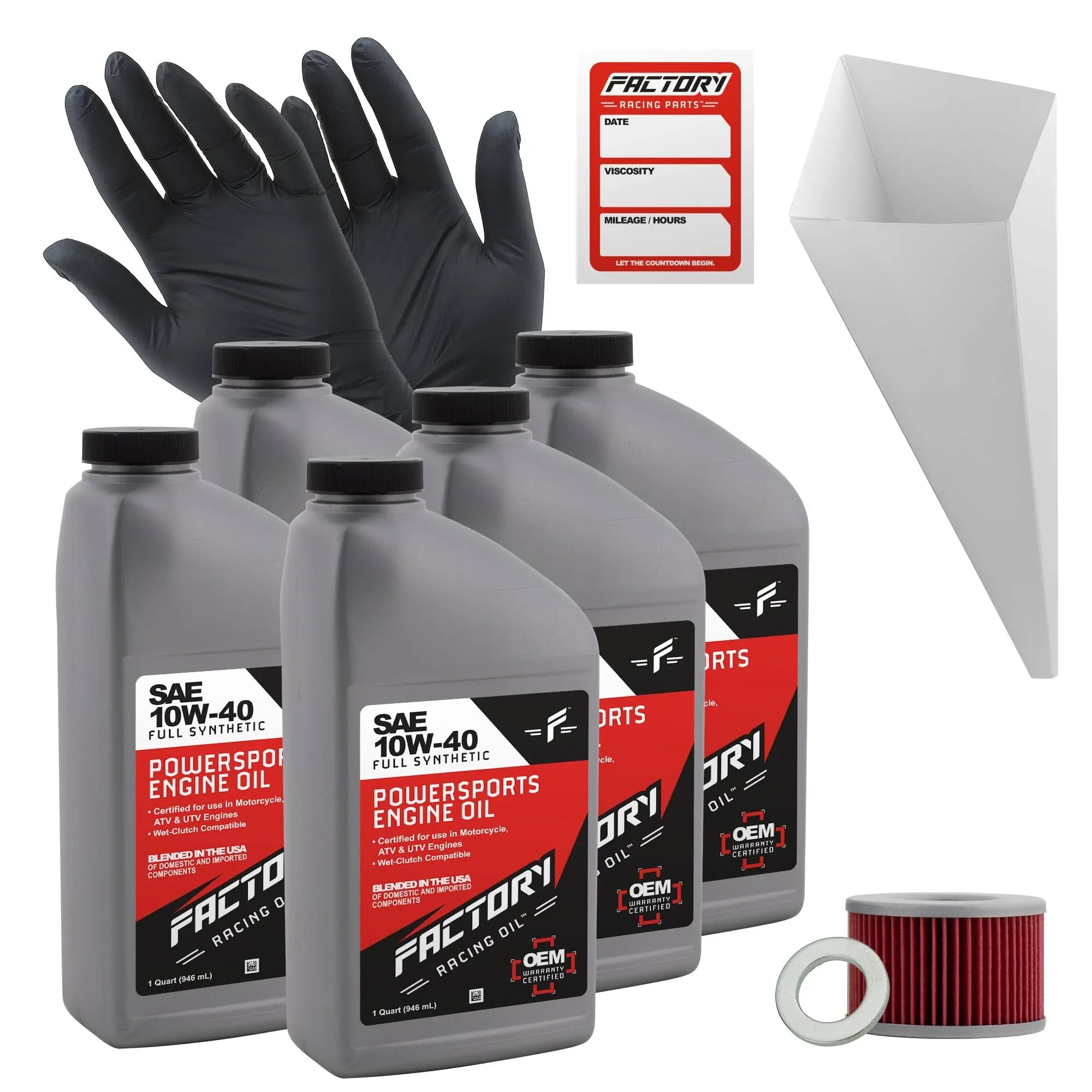 Oil Change Kit compatible with Honda TRX500FA/FGA/FPA Fourtrax Foreman Rubicon –Includes 5 Qts 10W-40 Full Synthetic Oil, 1 Filter, 1 Crush Washer, 1 Funnel, 1 Oil Change Sticker