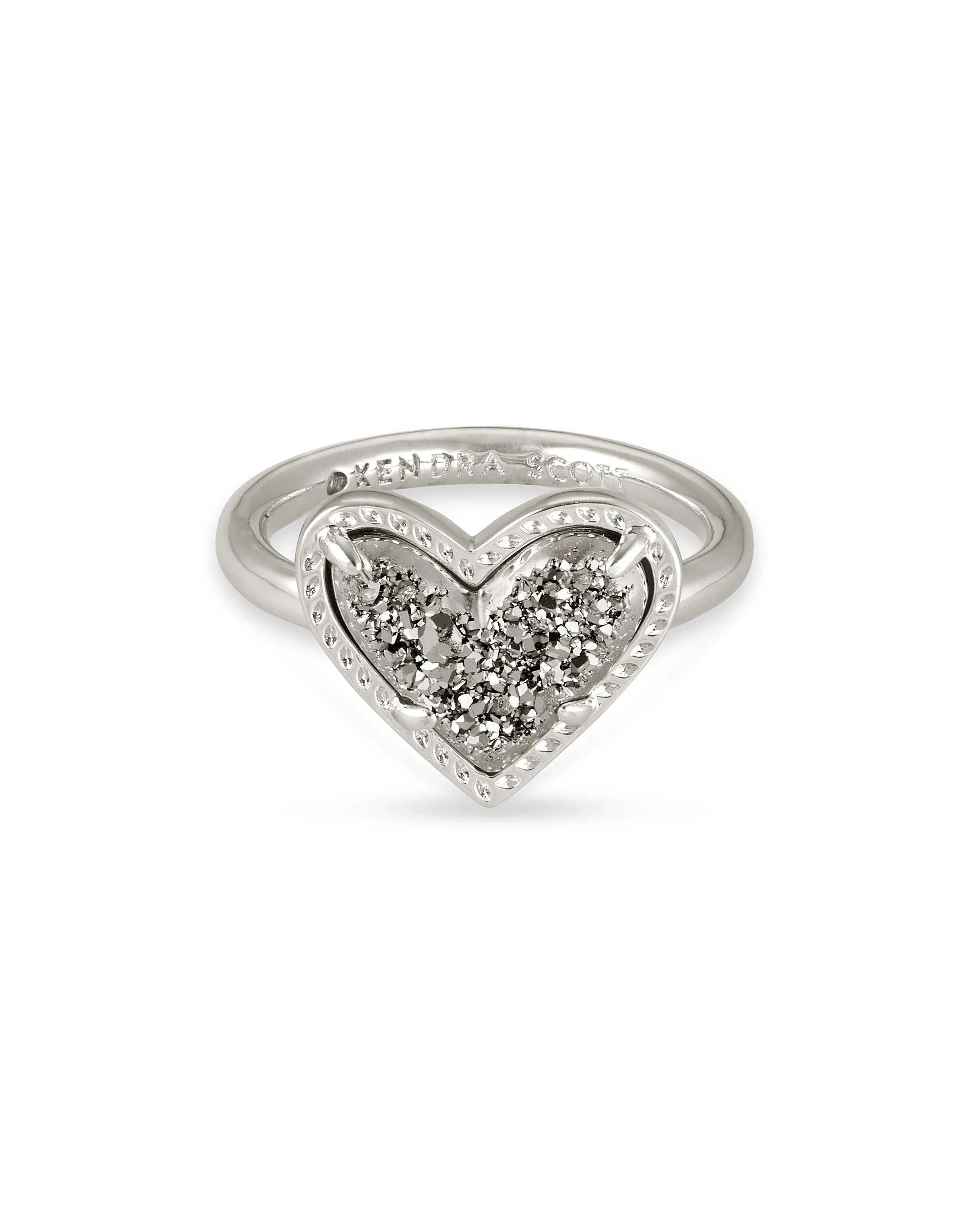 Kendra Scott Ari Heart Band Ring in Rhodium-Plated Brass Platinum Drusy Fashi...