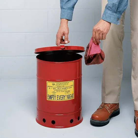 Justrite 09110 - 6 Gallon Red Oily Waste Can - Hand Operated