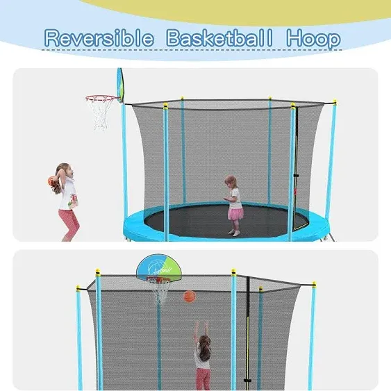 Merax 8FT Trampoline with Basketball Hoop, Safety Enclosure Net and Ladder, 400LBs ASTM Compliant Trampoline for Kids