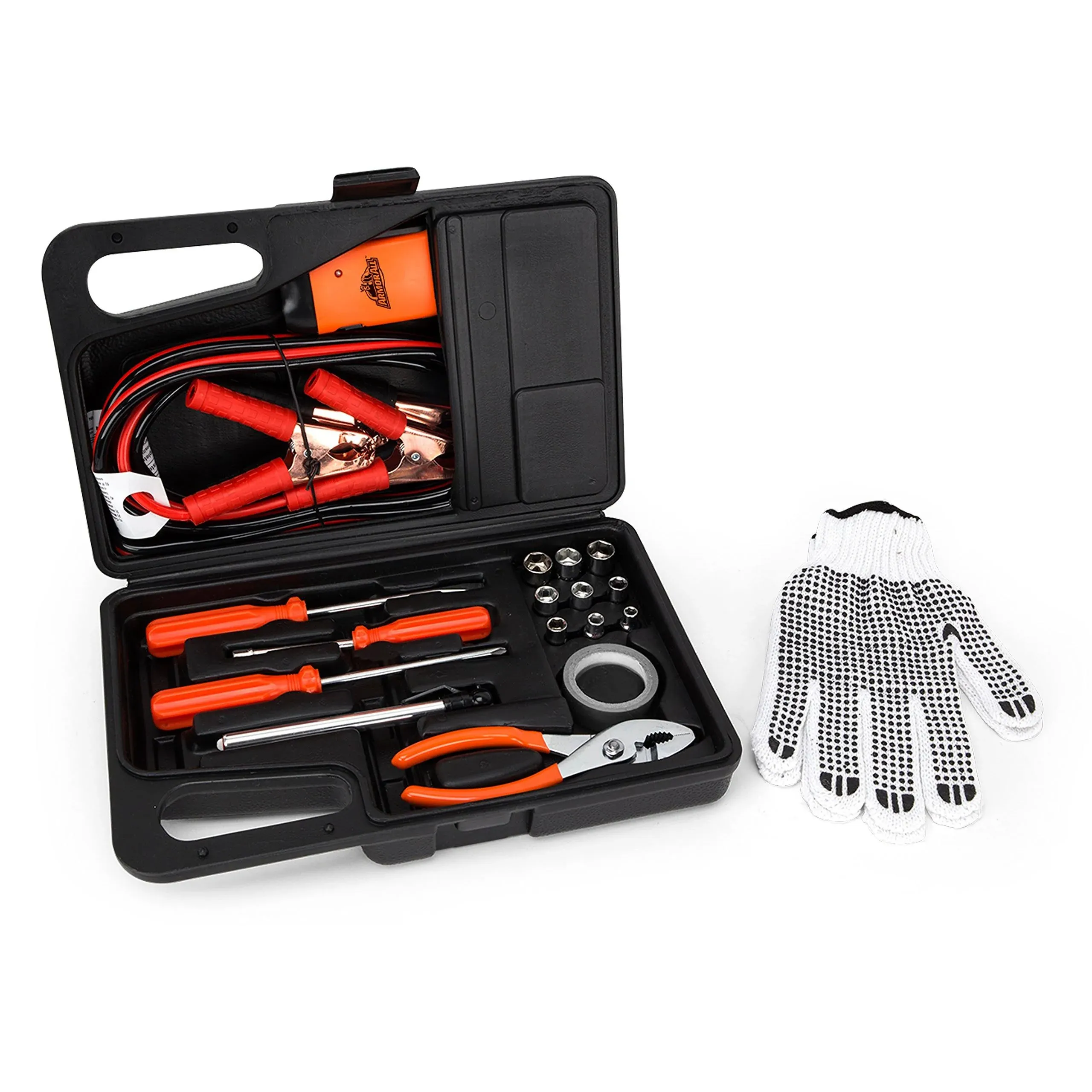 Armor All 30pc Roadside Emergency Kit - Gloves, Tools, Flashlight, Car Fuses, Tape, Socket Heads, 12G Jumper Cables & Carrying Case - Roadside Emergency Kit, Travel Essential